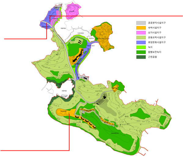 공공편익Facilities 지구, 숙박Facilities 지구, 상가Facilities 지구, 운동오락Facilities 지구, 휴양문화Facilities 지구, 녹지, 원형보전녹지, 근린공원의 부지정보를 보여주는 이미지입니다.